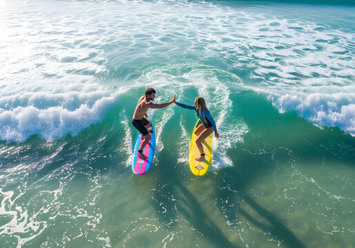 Couple surfing together, high-five, ocean waves, sunny day, summer fun.