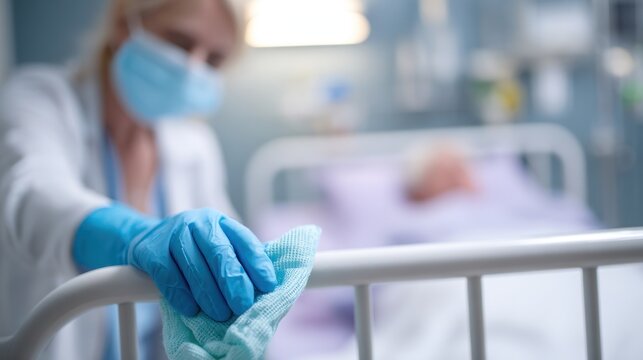 A woman in her 30s wearing gloves and a mask is cleaning the bed rails of a hospital bed with a disinfectant wipe while a patient sleeps nearby in a sterile setting