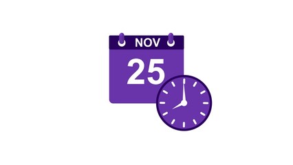 November month 25 date calendar icon clock white color 4k illustration.