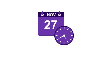 November month 27 date calendar icon clock white color 4k illustration.