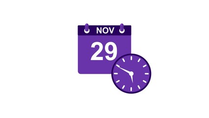 November month 29 date calendar icon clock white color 4k illustration.