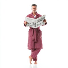A man in a bathrobe reading the newspaper