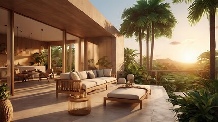 Fototapeta premium Golden hour tropical terrace, soft light, modern architecture, 3D rendering