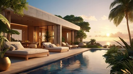 Fototapeta premium Golden hour tropical terrace, soft light, modern architecture, 3D rendering