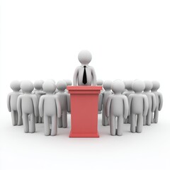 A leader speaking in front of an audience. The leader is standing behind a red podium while the audience is listening