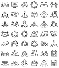 Group of people icons representing business, teamwork, meetings, and performance in a modern style