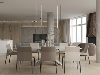 Minimalist dining area in modern luxury interior with pendant lights, beige chairs, and wooden flooring.