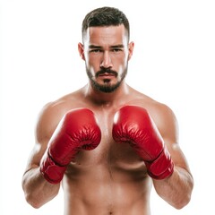 A confident boxer in a dynamic pose, ready to face the challenge. The boxer has red gloves and intense facial expression. This portrait captures the essence of determination and strength
