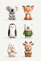 Whimsical watercolor Christmas animal icons in festive attire with cheerful expressions portrayed on a soft background. Christmas and New Year. Winter Wonderland