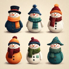 Cheerful snowmen in colorful hats and scarves celebrate winter festivities in a light snow setting
