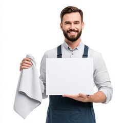 Smiling man holding blank white sign and cloth. He is smiling while looking at the camera