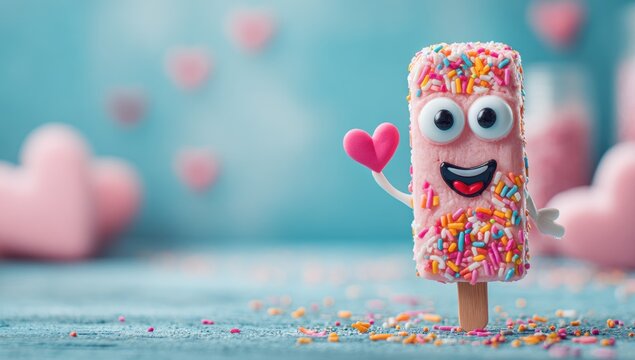Animated pink popsicle with candy sprinkles, googly eyes, and a heart, against a soft blue background with blurred pink hearts