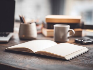 Minimalist Office Desktop Scene, Opened Blank Notebook, Coffee Mug and Stationery, Work & Study Atmosphere