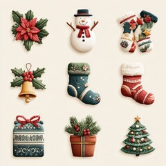 Decorative Christmas elements displayed in a festive arrangement featuring snowman, stockings, and holiday greenery