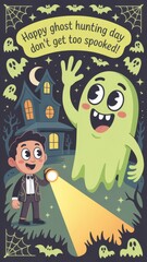 Celebrate spooky fun with a playful Halloween greeting card featuring a friendly ghost and a curious explorer. National Ghost Hunting Day