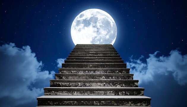 Stone steps ascend towards a large full moon in a night sky