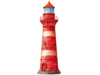 Red and white striped lighthouse illustration nautical beacon sea coast ocean, Isolated On White Background, Png Transparent