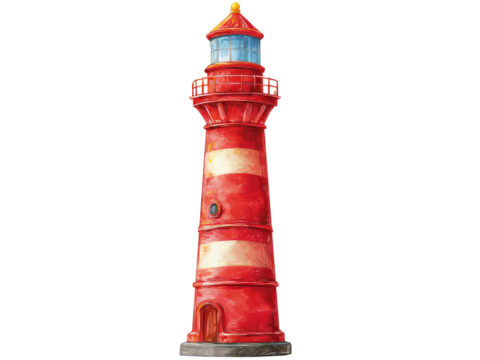 Red and white striped lighthouse illustration nautical beacon sea coast ocean, Isolated On White Background, Png Transparent