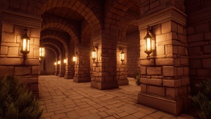 Arched stone hallway with pillars, illuminated by vintage-style lanterns. Perspective draws the eye down the shadowed corridor, hinting at a path into the unknown. Plants frame the view