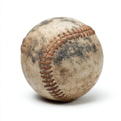 An aged, well-used baseball. It shows signs of wear and tear from numerous games, reflecting a long history of play