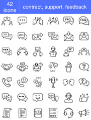 Communication icons representing dialogue, support, and correspondence in a minimalistic style
