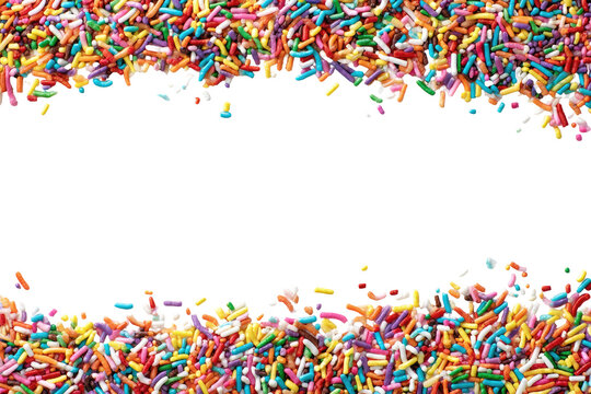 Colorful sprinkles frame a black space. A vibrant border of various-colored sprinkles surrounds a large black area