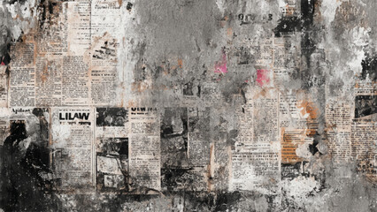 Vintage newspaper collage texture with rough aged paper design. Grunge newspaper texture with old print and monochrome collage style. 