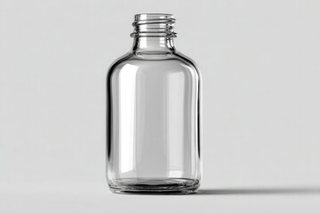 Empty clear glass bottle, screw top, rounded rectangular shape, centered shot. Use it for showcasing cosmetic product mockups, liquids and supplements.