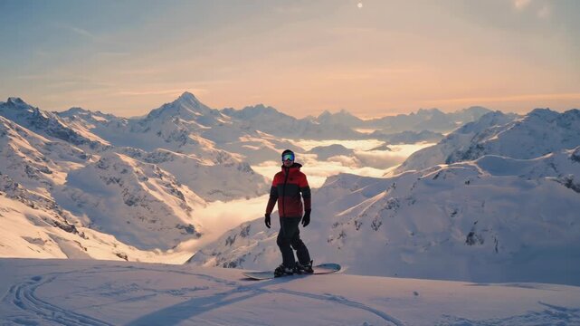 Aerial drone view of snowboarder enjoying morning mountain scenery before freeride