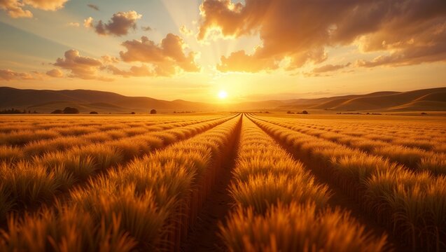 Golden wheat field under a dramatic sunset sky - Powered by Adobe
