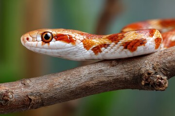 Obraz premium Realistic corn snake perched on a branch in a naturalistic setting showcasing its vibrant colors and intricate patterns