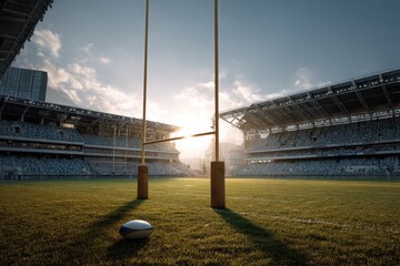 Rugby goal post in a bright stadium with a clear sky during a sunny day, capturing the essence of outdoor sports and the excitement of the game atmosphere