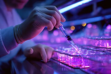 Phage therapy lab: Scientist loading engineered viruses into syringe to target antibiotic-resistant infection, purple UV safety lights