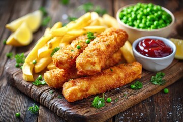 Crispy fish fingers served with mashed peas and golden fries on a rustic wooden board for a traditional meal experience