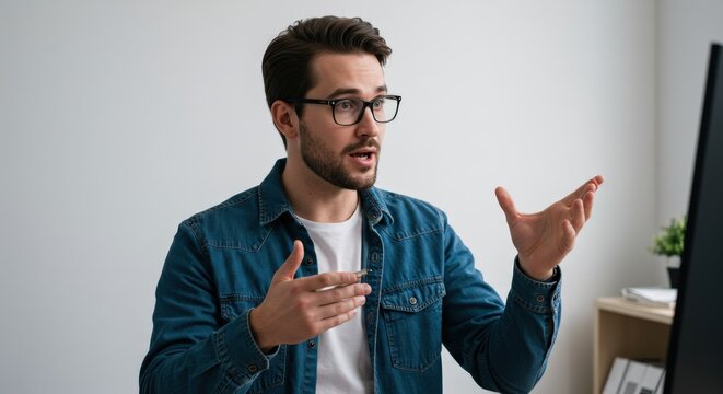 Man in Glasses Gesturing During Video Call Denim Shirt.