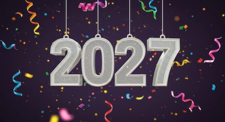 Sparkling "2027" hangs amidst colorful confetti and ribbons, festive celebration on deep purple