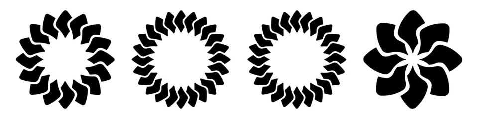 Set of four abstract circular ornaments. Decorative elements isolated on white background. Stylized flowers. Stencil tattoo and prints. Vector monochrome illustration.