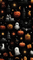 Spooky Halloween-themed pattern featuring ghosts, pumpkins, and bats in vivid colors against a dark background