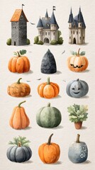 Decorative autumn pumpkins with whimsical castles and a tower in a charming fantasy setting