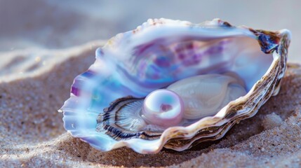 Lustrous pearl inside iridescent oyster shell on sandy beach, soft pink-silver reflections, minimalist luxury jewelry or cosmetics ad backdrop

