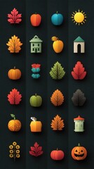 Colorful autumn illustrations featuring pumpkins, leaves, and seasonal elements in a vibrant arrangement