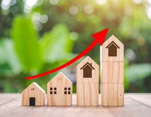 Wooden blocks forming an upward trend graph, symbolizing increasing house values against a blurred green backdrop