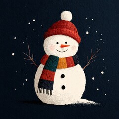 Snowman with a red hat and colorful scarf standing against a dark blue background during winter festivities