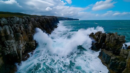 Dramatic Ocean Waves Crash Against Rocky Cliffside Under Blue Sky