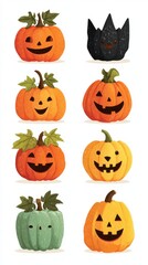 Colorful Halloween pumpkin illustrations featuring a variety of expressions and designs for festive decoration