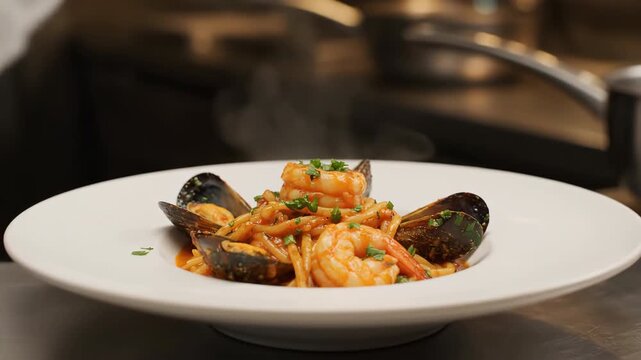 Chef carefully plating spaghetti alla pescatora