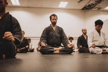 Focused martial arts instructor leads meditation session with students in training room during evening class