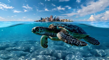 Sea Turtle Swimming in Aquatic Landscape with City Skyline View