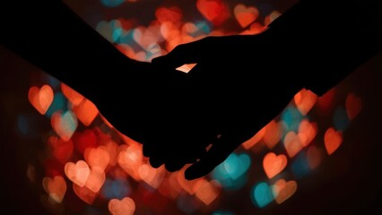 Silhouetted couple holding hands romantic love gesture with heart-shaped bokeh background perfect for Valentine's Day, romance, relationship, affection, and intimate moments celebration warm tones