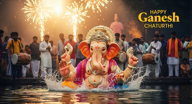 Realistic Ganesh Visarjan Celebration &ndash; Festival HD Wallpaper with Fireworks and Dhol Beats
